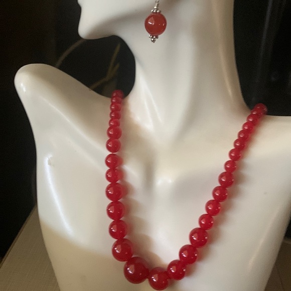 New Pretty artisan handcrafted red jade jadeite gemstone necklace gift earrings - Picture 3 of 8